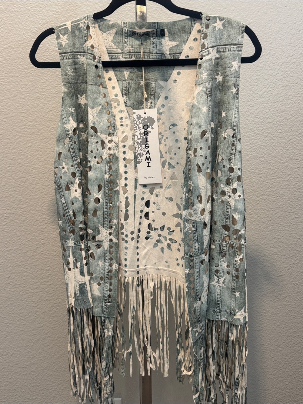 Origami by Vivien Cream & Distressed Light Blue Fringe Vest